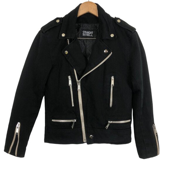 Straight To Hell Vincent Black Denim Moto Punk Jacket Sz 34 Zippers Epaulets